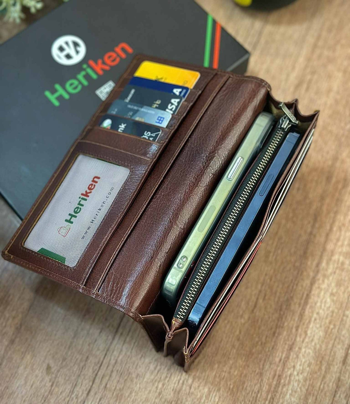 Double Gadget Genuine Leather Long Wallet (Dark Brown)