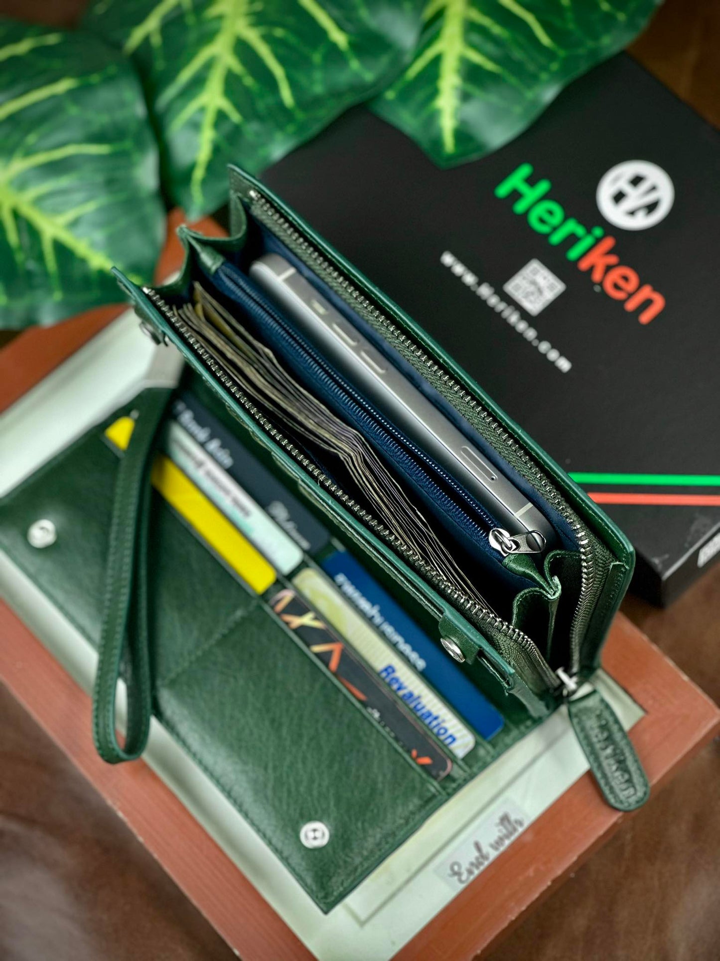Genuine Leather Stylish Long Wallet (Olive Color)