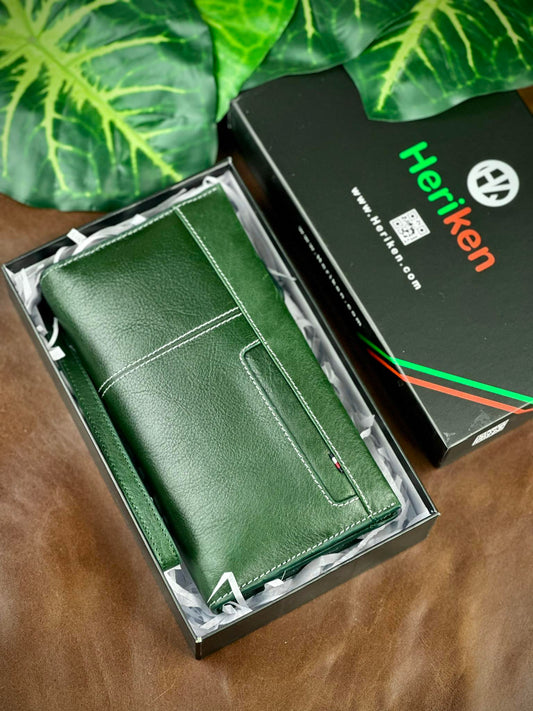Genuine Leather Stylish Long Wallet (Olive Color)