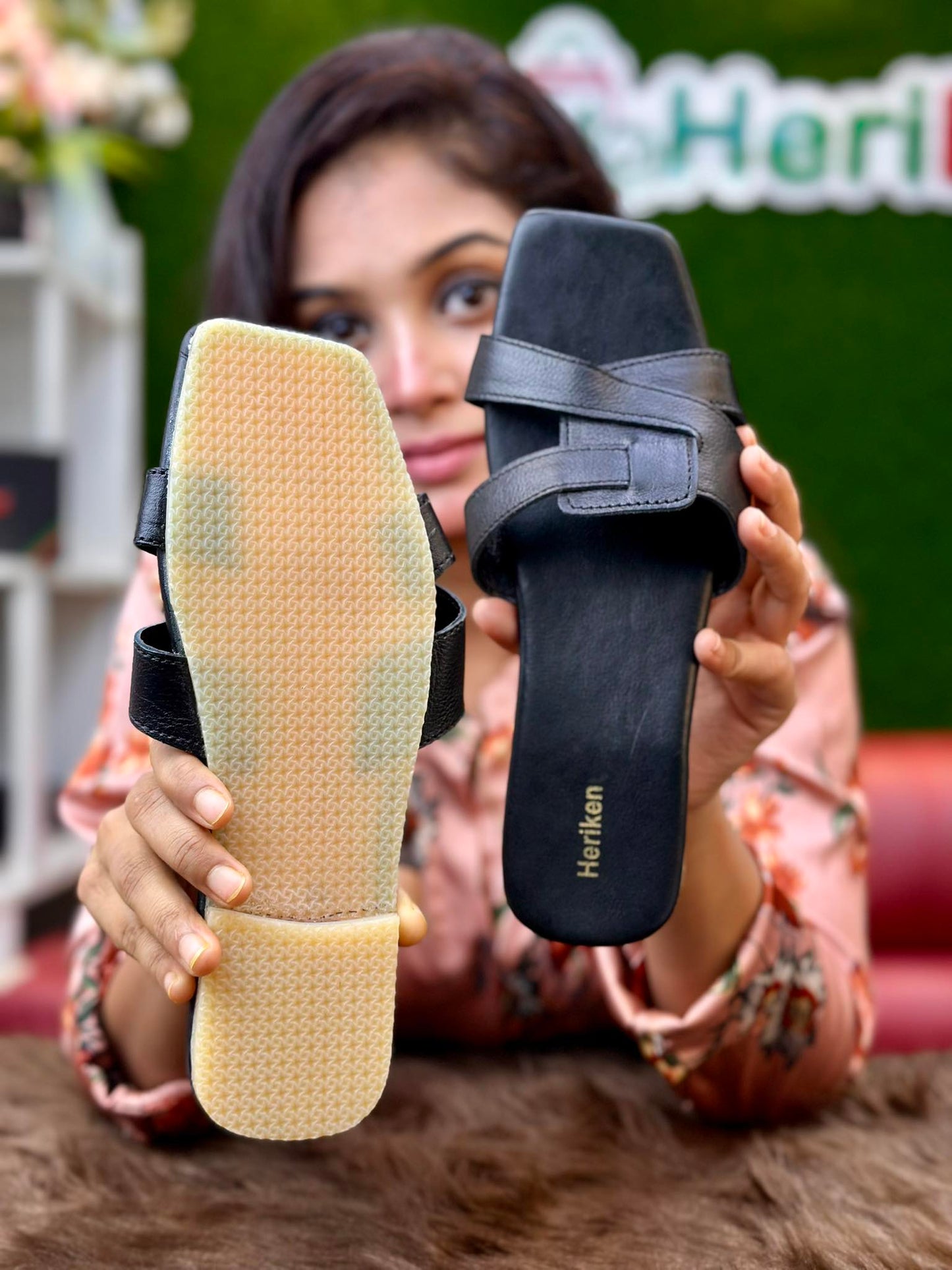Heriken Genuine Leather Cross Strap Fashion Slipper