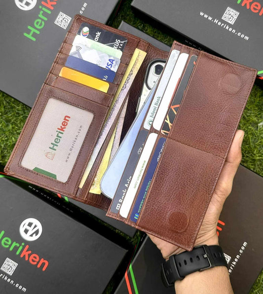 Double Gadget Genuine Leather Long Wallet (Dark Brown)