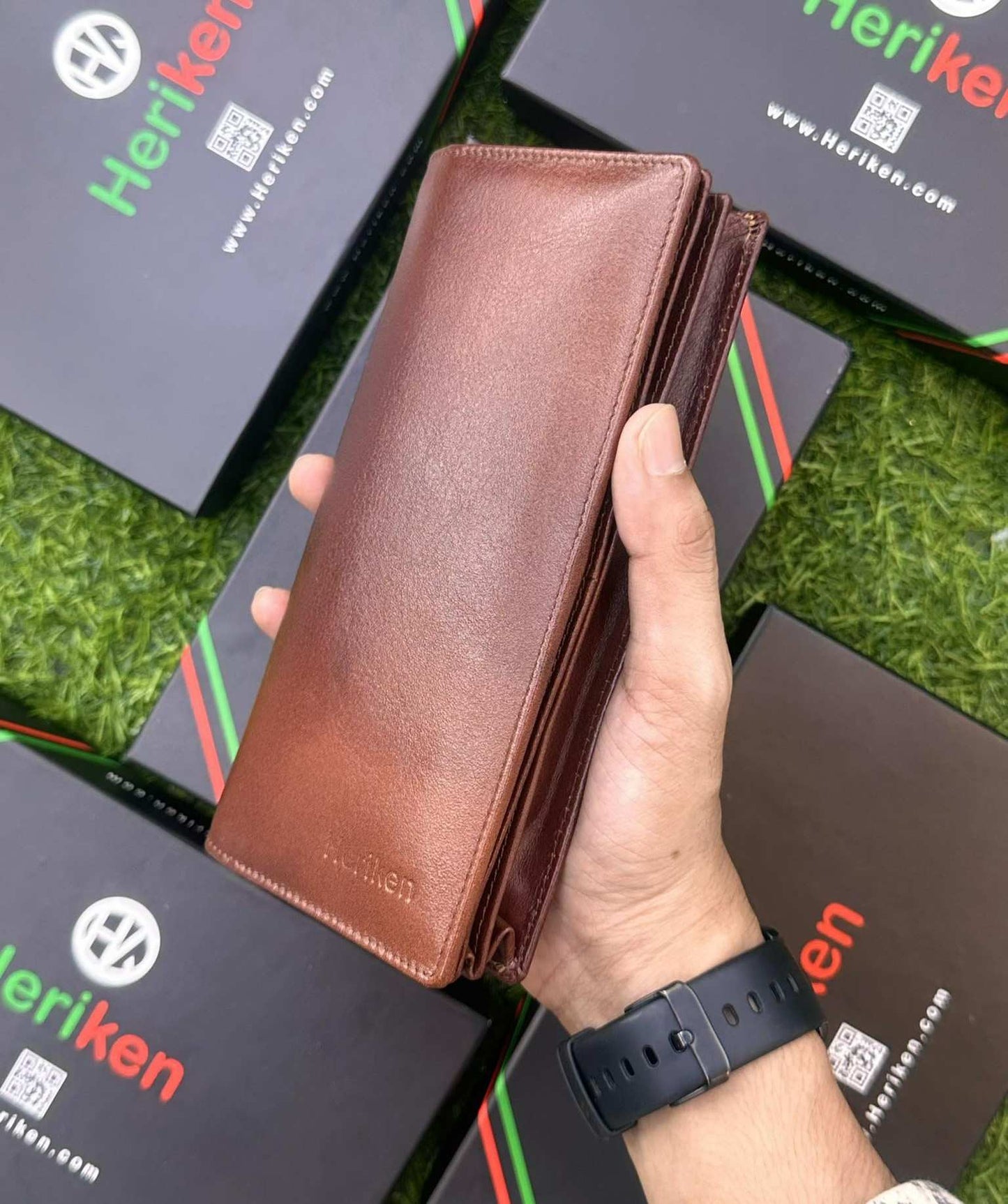 Double Gadget Genuine Leather Long Wallet (Dark Brown)