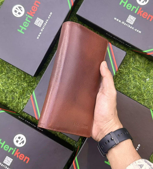 Double Gadget Genuine Leather Long Wallet (Dark Brown)
