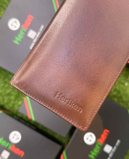 Double Gadget Genuine Leather Long Wallet (Dark Brown)