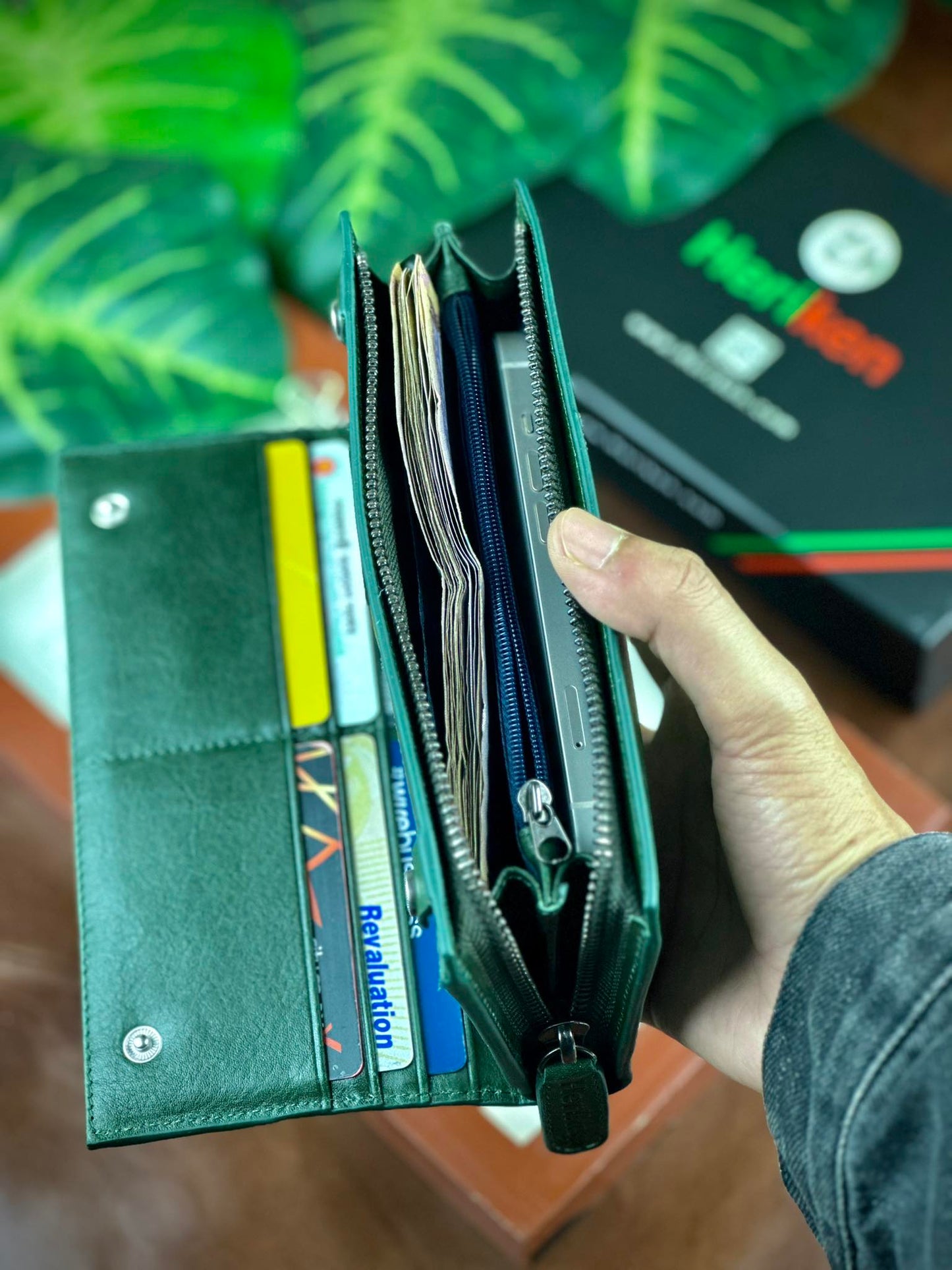 Genuine Leather Stylish Long Wallet (Olive Color)