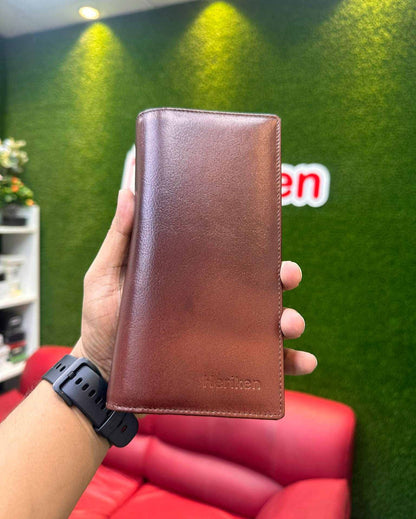 Double Gadget Genuine Leather Long Wallet (Dark Brown)